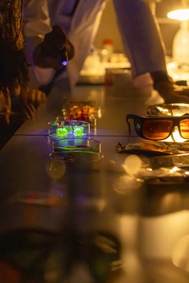 Children observe fluorescent gummy bears and learn how dyes become visible under special light.